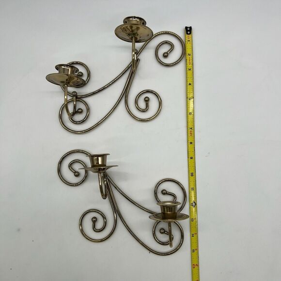 2 Pc Brass Toned Scroll Wall Mounted Taper Candle Sconces - Picture 9 of 9